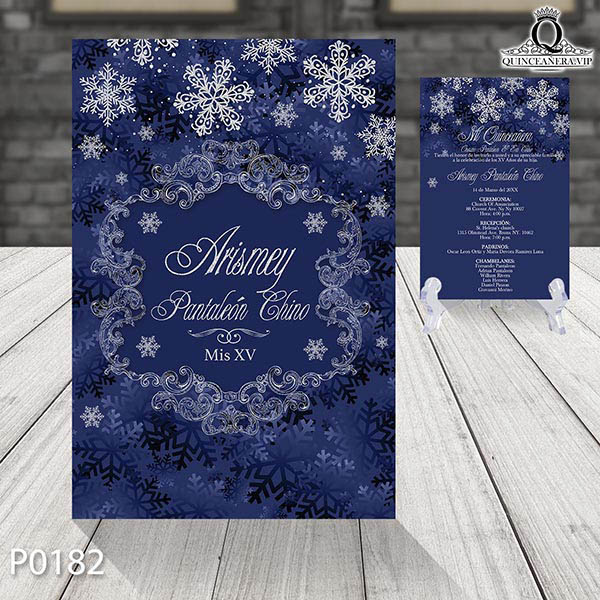 P0182 frente de invitación de quinceañera tema invierno con copos de nieve