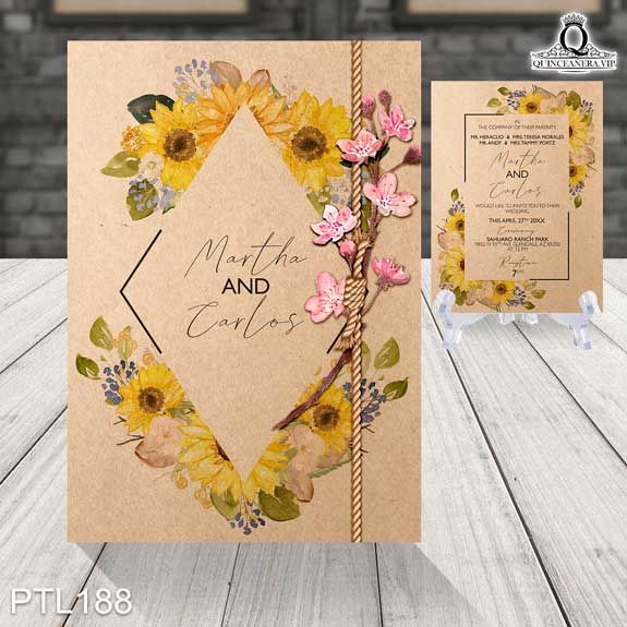 ptl188 frente y reverso de la invitación postal 15 anos floral con girasoles y diseño minimalista