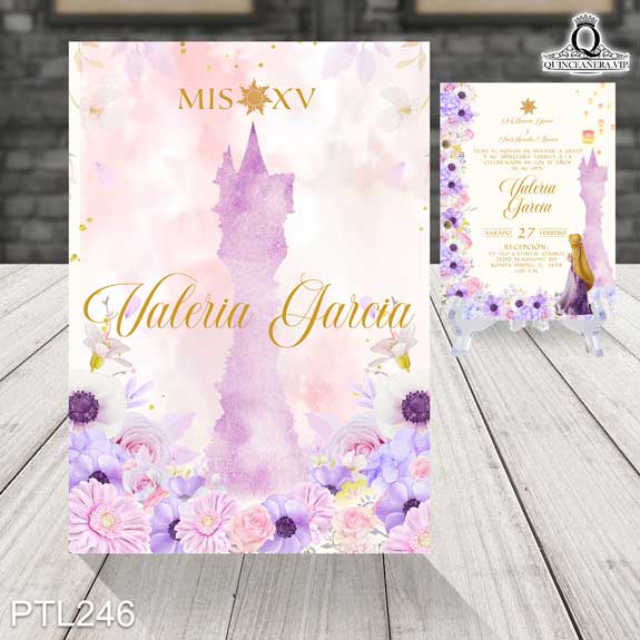 ptl246 frente y reverso de la invitación postal de 15 anos de la princesa Rapunzel con torre de castillo personalizada para la quinceañera